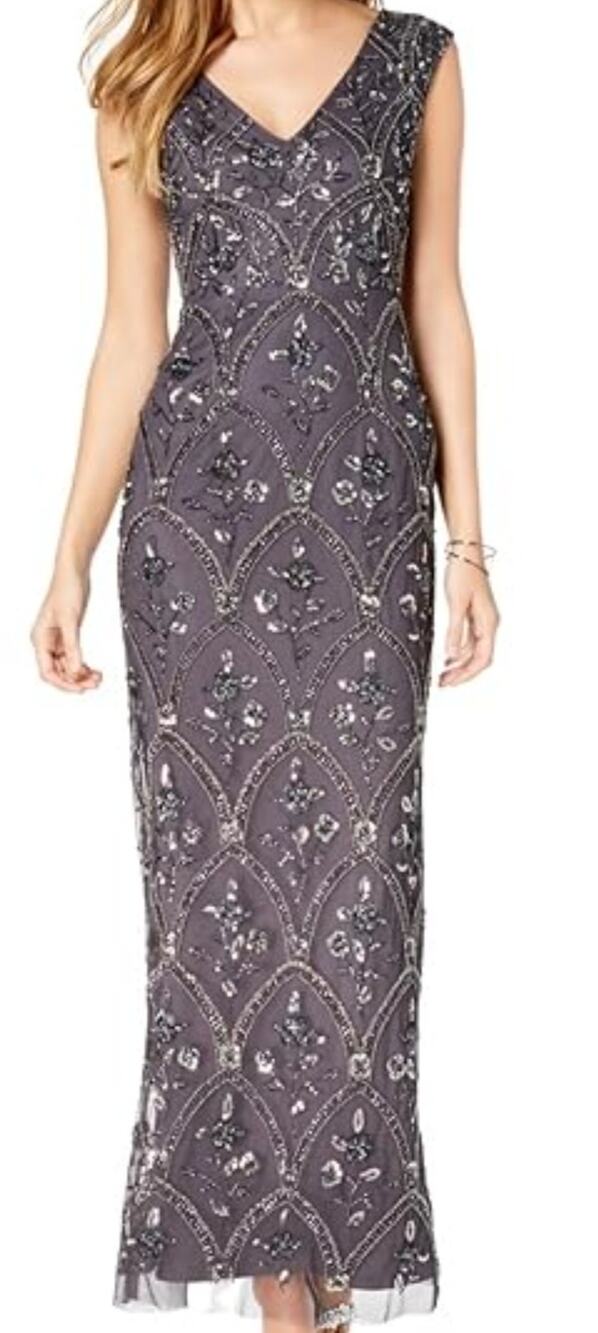 Adrianna Papell Dress Women 12 Beaded Gunmetal Grey Formal Wedding Evening Event